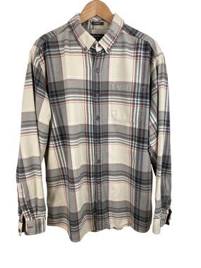 Eddie Bauer Relaxed Fit Mens Size TXL Tan & Gray Plaid Flannel Button Up Shirt
